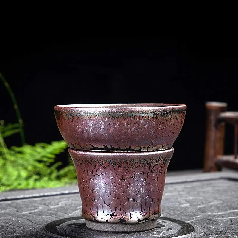 Succulent Tea Set with Two Stacked Glazed Tenmoku Pottery Cups, Jian Zhan Style