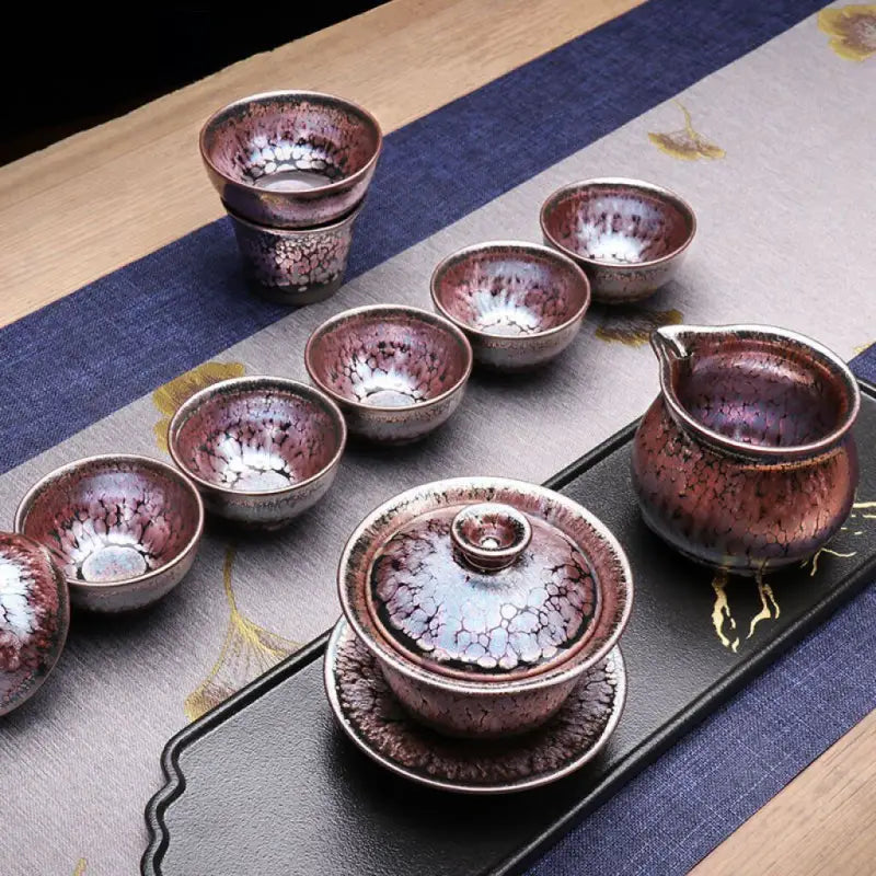 Succulent Tea Set featuring Tenmoku pottery and Jian Zhan accents in purple and silver