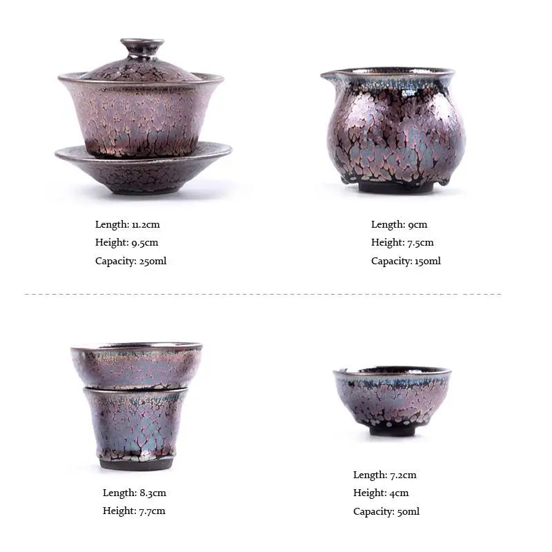 Succulent tea set with iridescent glaze, tenmoku pottery, Jian Zhan style ceramics