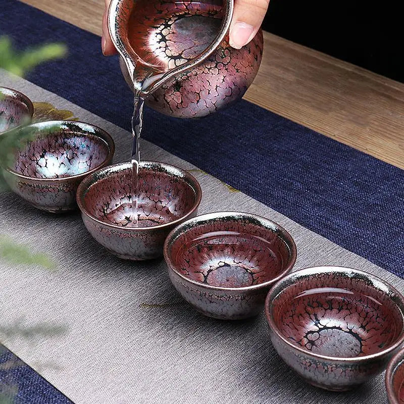 Succulent Tea Set featuring crackled glaze in tenmoku pottery Jian Zhan style