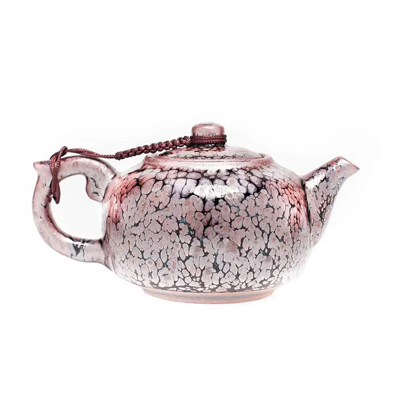 Glazed ceramic Succulent Teapot with braided cord featuring Jian Zhan and Jianyang Tenmoku tenmoku teaware