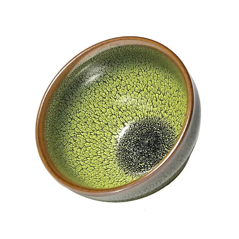 Sunflower Jianyang green and brown ceramic bowl with crackle glaze display