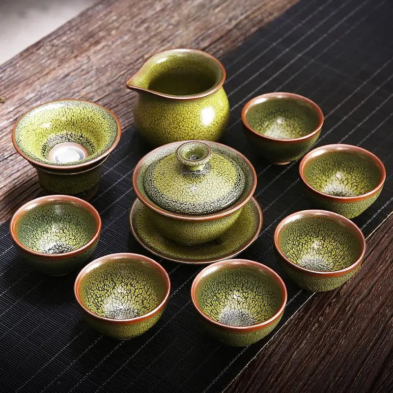 Green ceramic Sunflower Tea Set with Jianyang glaze for authentic Gongfu tea brewing