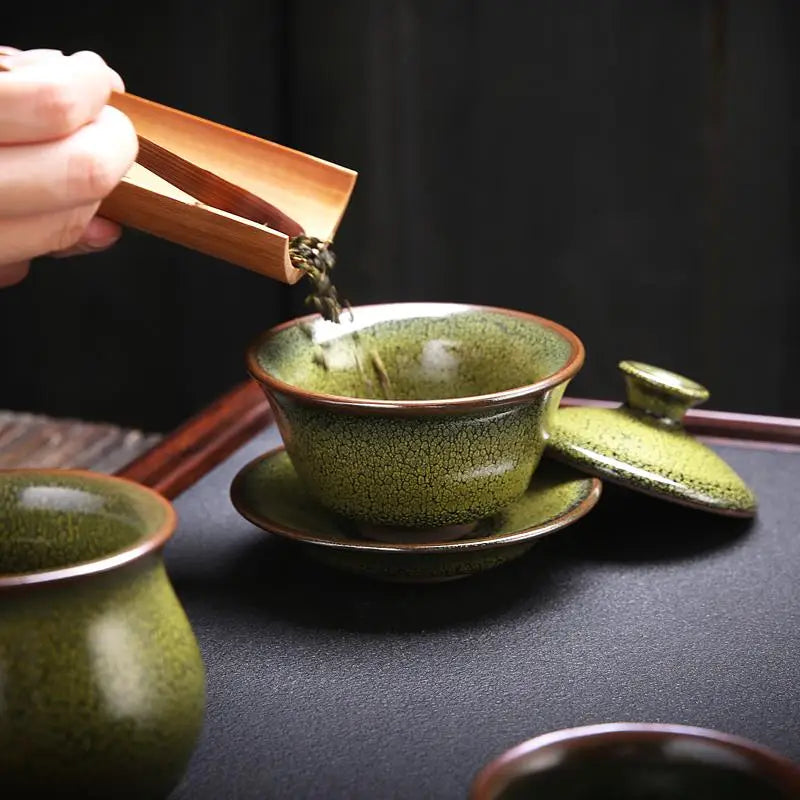Green ceramic Sunflower Tea Set with Jianyang glaze for Gongfu tea brewing