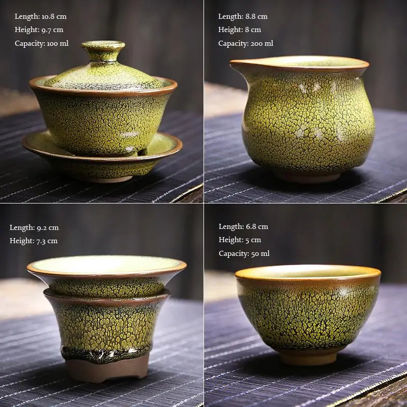 Sunflower Tea Set with crackle glaze showcasing Jianyang glaze for gongfu tea brewing
