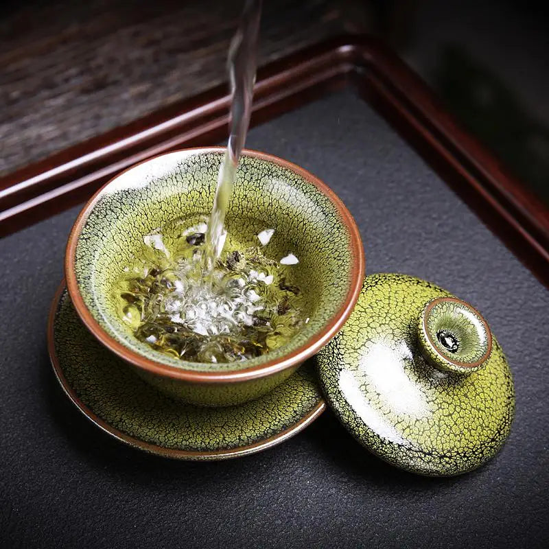Green crackle-glazed Sunflower Tea Set featuring Jianyang glaze for gongfu tea brewing