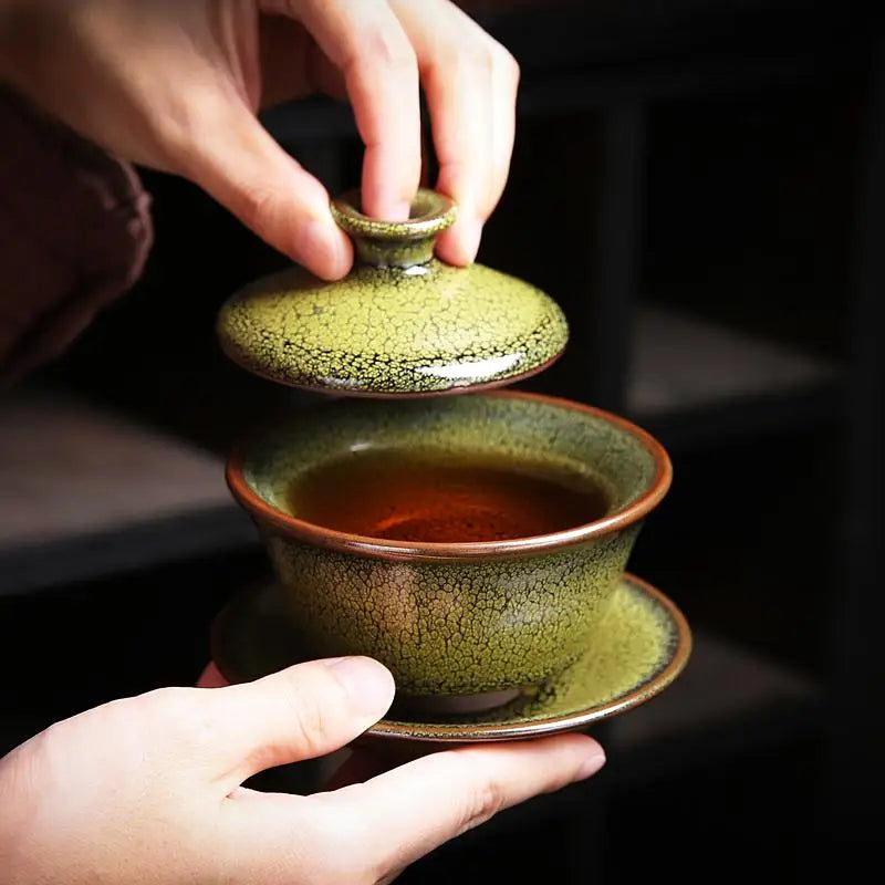 Green ceramic Sunflower Tea Set with Jianyang glaze for Gongfu tea brewing