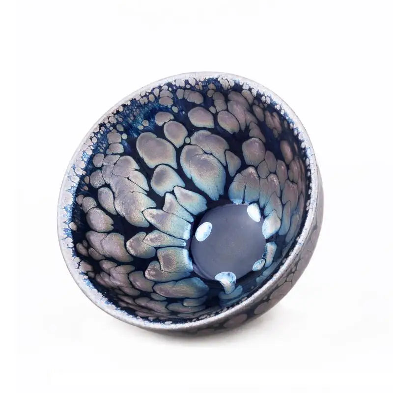 Iridescent blue and silver patterned Sunrise bowl, handcrafted Jian Zhan for radiant glaze tea