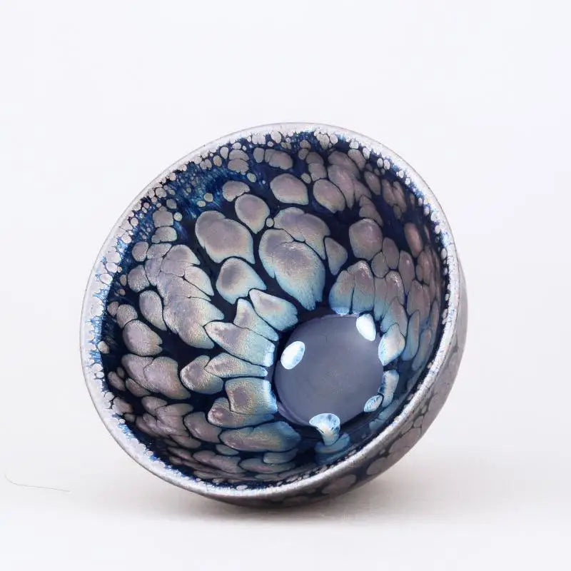 Iridescent blue and silver handcrafted Jian Zhan bowl ideal for radiant glaze tea and Zhan tea cups