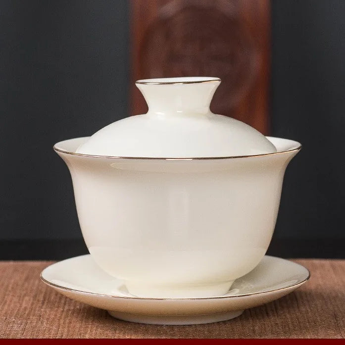 Sweet-White or Plum-Green Gaiwan – Sweet White with Gold Rim