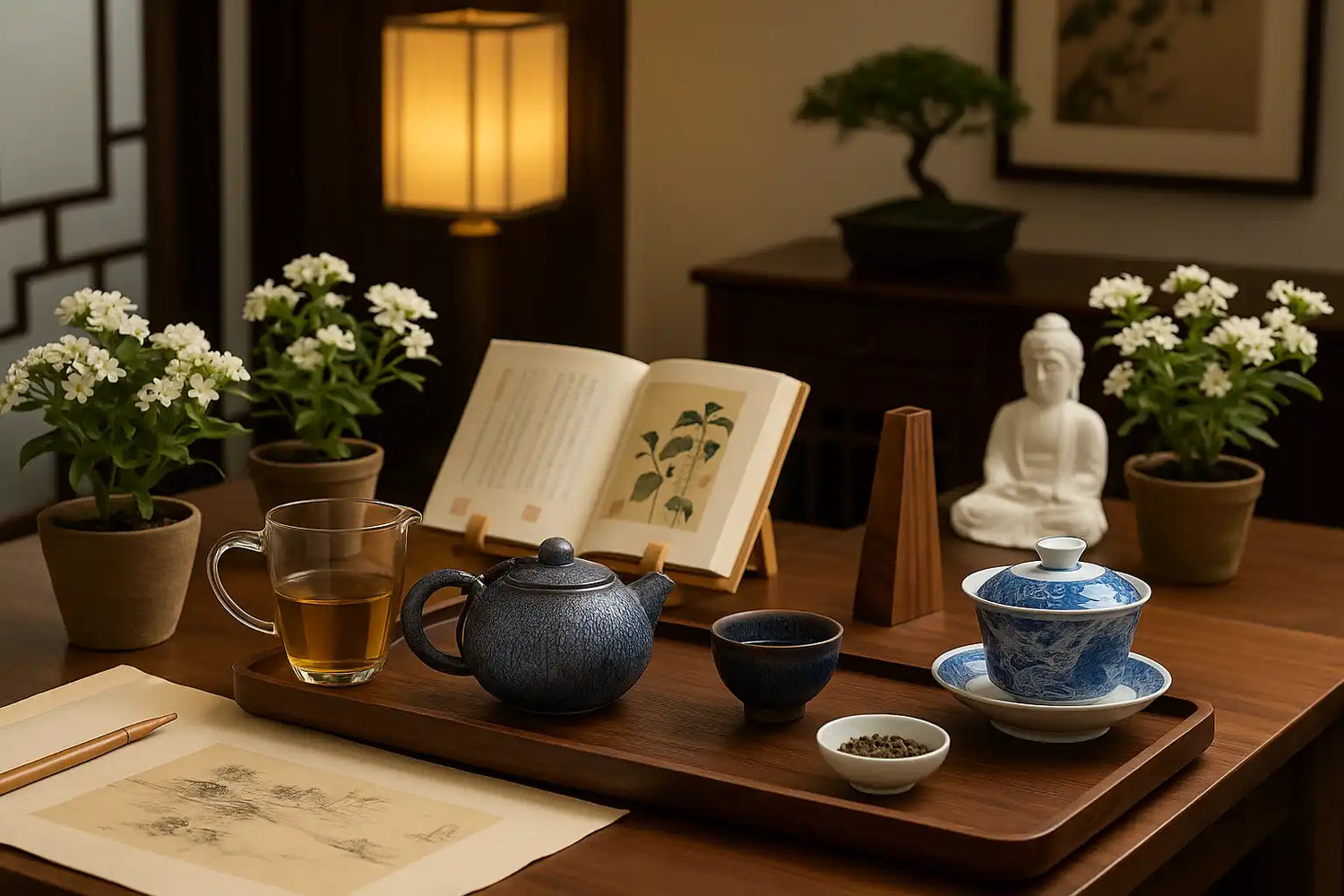 Tea set on a wooden tray.