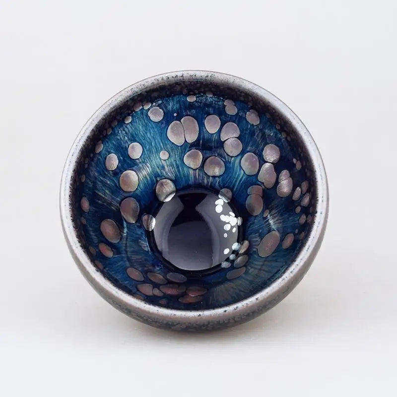 Blue and silver speckled ceramic bowl from Tears Jian Zhan, perfect as a silver oil-spot teacup