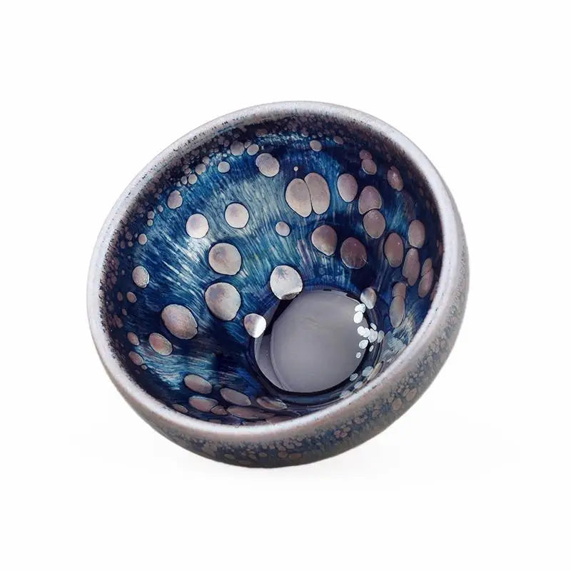 Blue and silver speckled bowl from Tears featuring deep blue Jian Zhan and silver oil-spot design