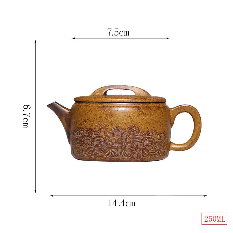 Brown ceramic Temple Ridge Yixing Duanni teapot with dimensions for premium Yixing teapot lovers