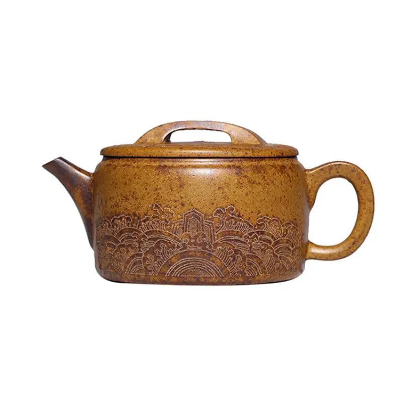Brown Yixing Duanni teapot with etched design from Temple Ridge brand