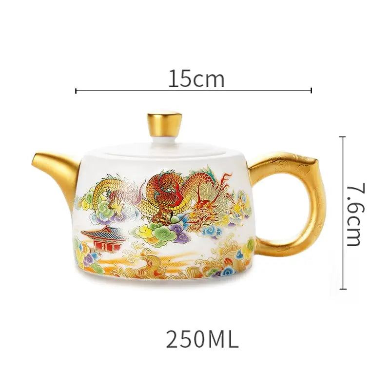 White and gold dragon-themed hand-painted Jingdezhen teapot with golden accents for elegant enamel art