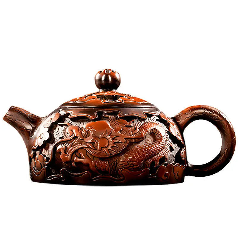 Ornate brown Zitao teapot inspired by Jianshui Purple and Dragon design