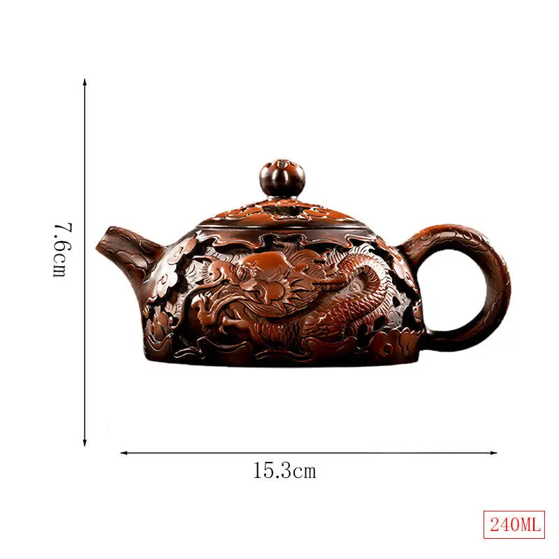Ornate brown Zitao teapot with dragon design, Jianshui Zitao pottery, Zitao teapot style