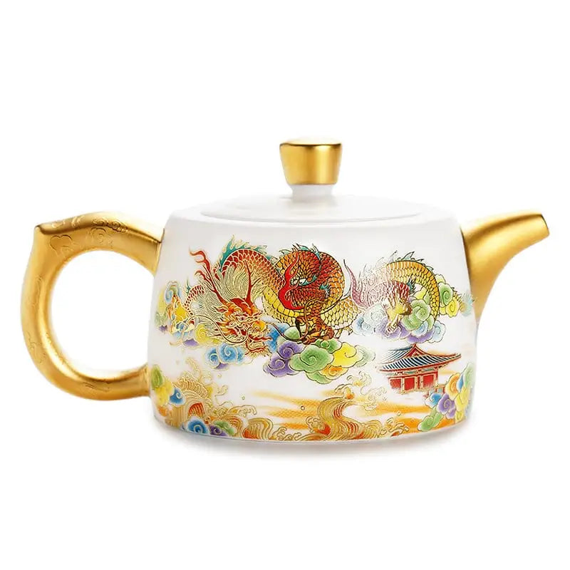 White hand-painted Jingdezhen teapot with dragon design and golden accents in The Dragon product