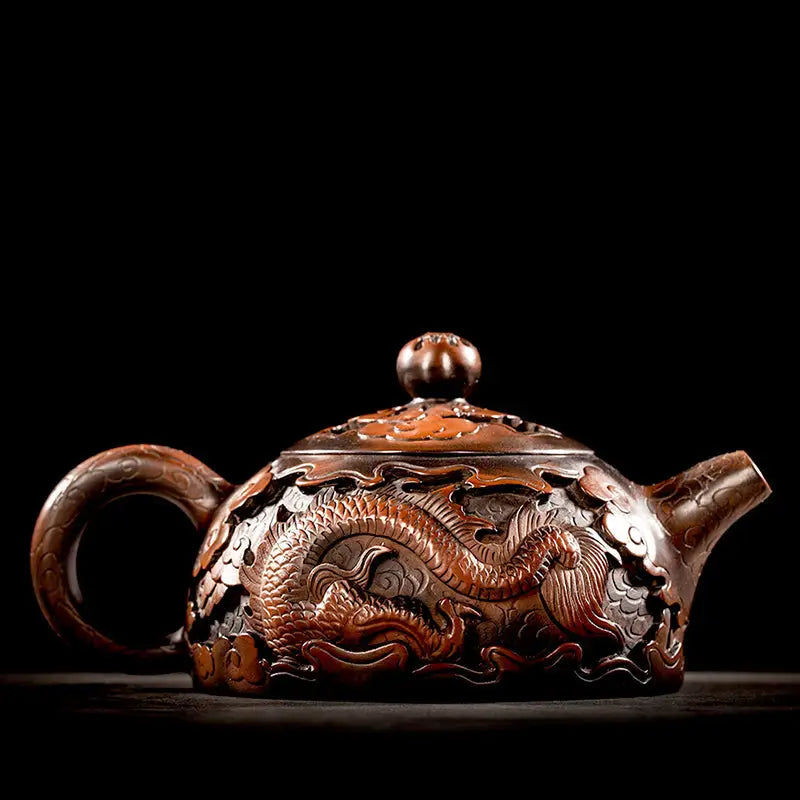 Ornate brown Zitao teapot with dragon design, a Jianshui Purple Zitao Teapot by The Dragon