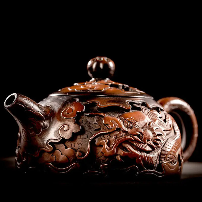 Ornate brown dragon Zitao teapot featuring jianshui purple glaze for collectible use