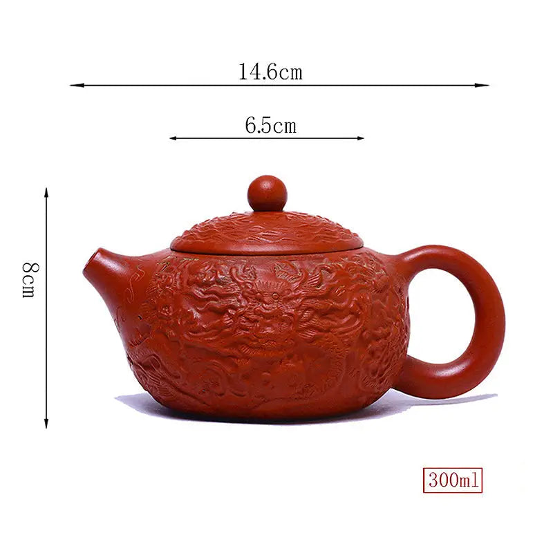 Red-brown Yixing Zisha clay teapot with intricate dragon relief from Imperial Roar The Dragon