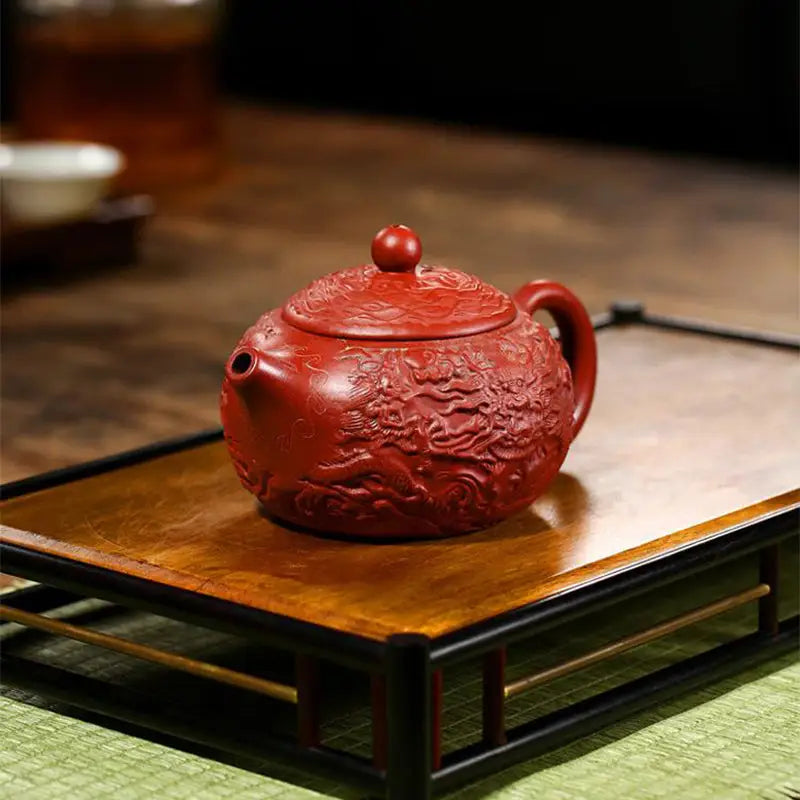 Red Dragon-embossed teapot in Yixing Zisha clay with dragon relief design, Imperial Roar collection