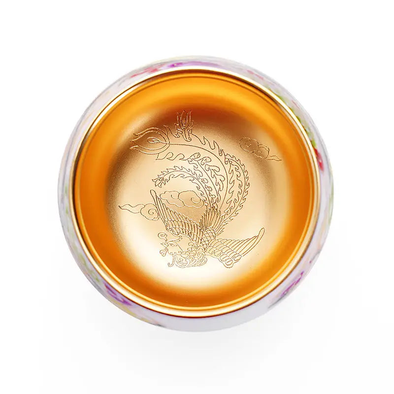 Gold-lined bowl with phoenix design ideal for Gongfu tea and porcelain tea cups