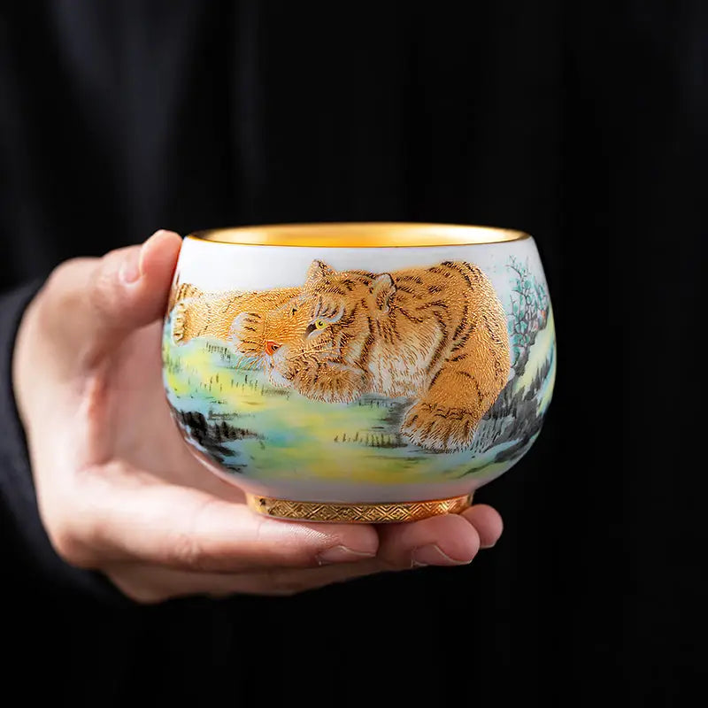 Tiger-themed porcelain teacup from The Tiger, perfect for Gongfu tea and tea sets