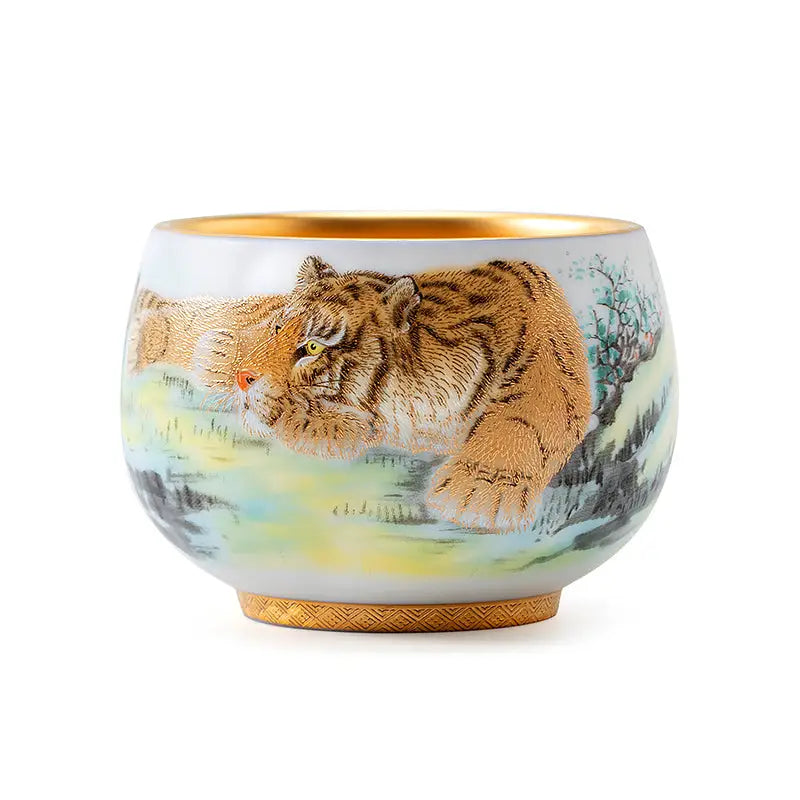 Tiger-themed porcelain teacup with gold trim from The Tiger for gongfu tea and tea sets