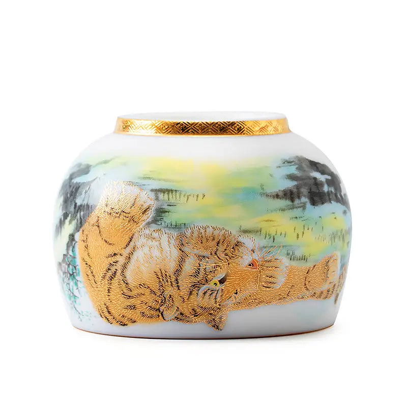 Decorated ceramic jar from The Tiger, ideal for Gongfu tea, teapots, and tea sets