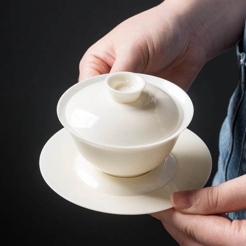 Thin-walled sweet-white porcelain gaiwan with lid and saucer – photo 1