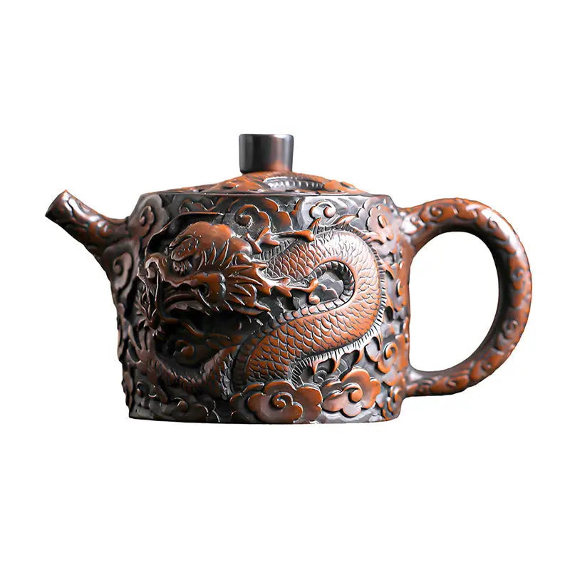 Ornate brown three-dimensional dragon teapot crafted from Jianshui Zitao teapots