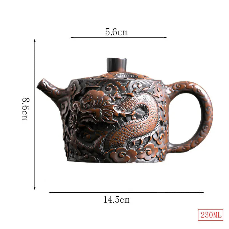Brown jianshui zitao teapot with three-dimensional dragon design and dimensions