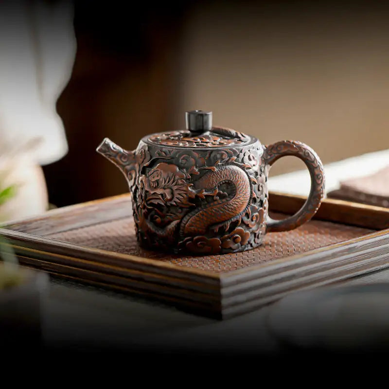 Ornate three-dimensional dragon carved teapot made of Jianshui Zitao tea from Three-Dimensional Dragon collection