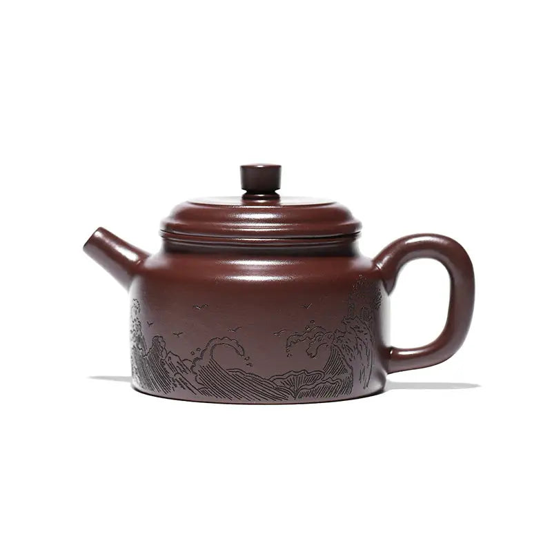 Brown ceramic Tidal Horizon Yixing Zisha teapot with wave design for traditional tea brewing