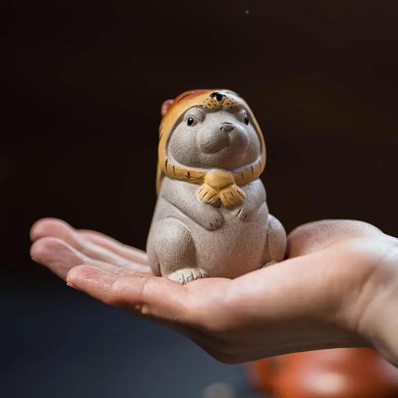 Ceramic Tiger Spirit Hammy figurine as a Yixing tea pet for feng shui tea ritual