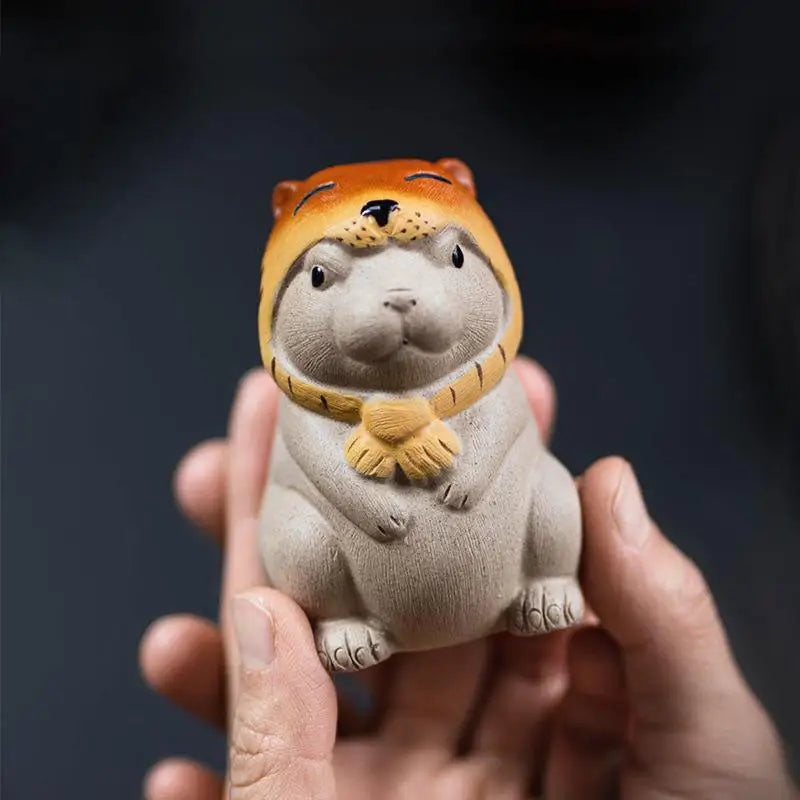 Ceramic Tiger Spirit Hammy Yixing tea pet with hat and scarf for feng shui tea ritual