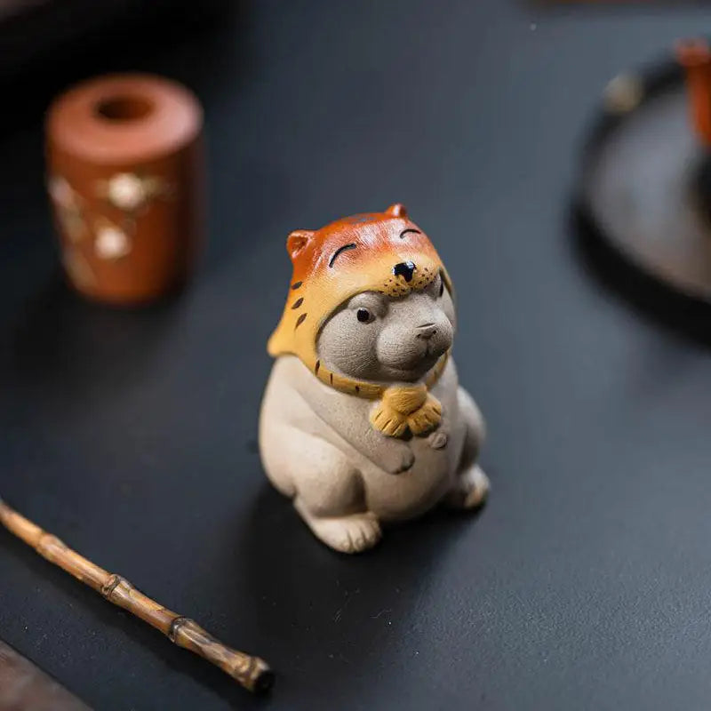 Ceramic Yixing tea pet Tiger Spirit Hammy with tiger hat for feng shui and tea ritual
