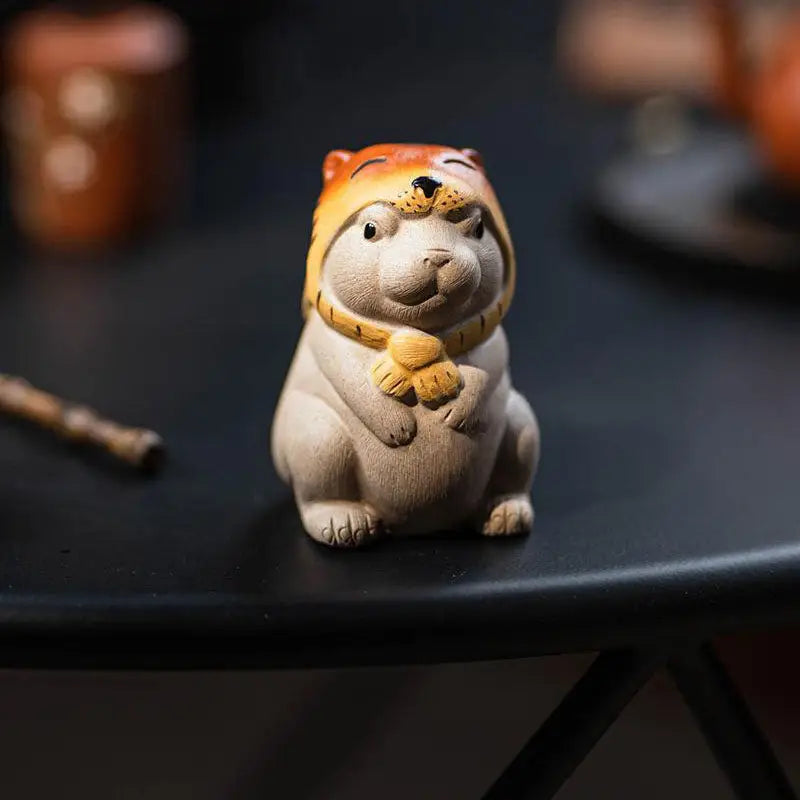 Yixing tea pet Tiger Spirit Hammy ceramic animal figurine with hat and scarf for feng shui tea ritual