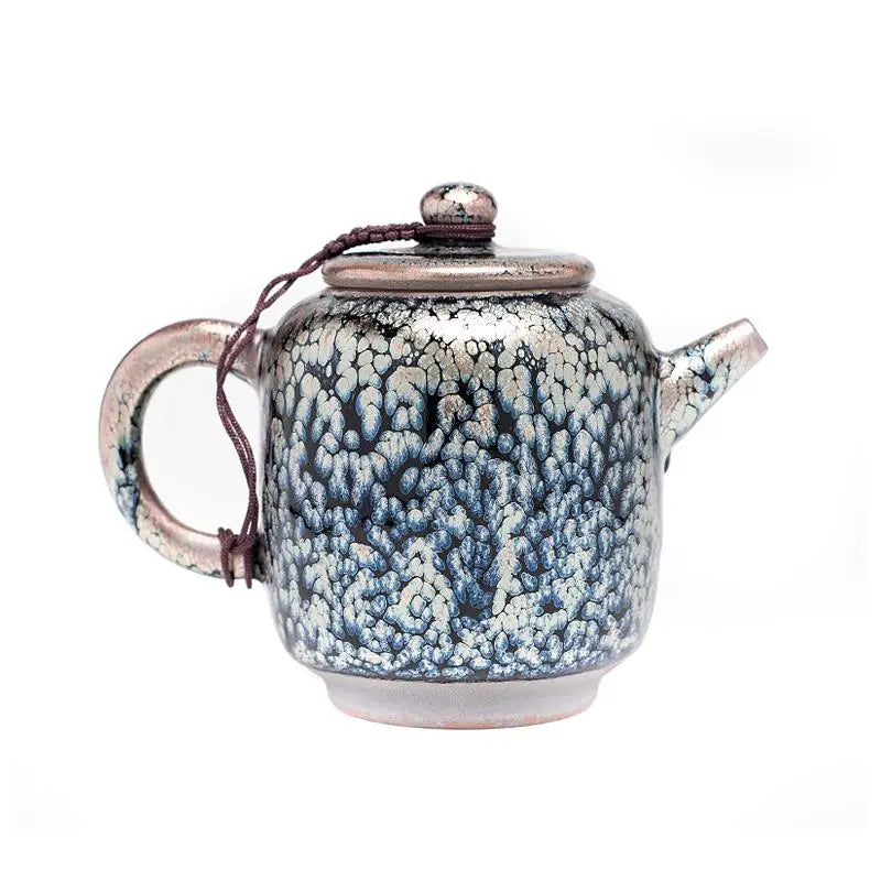 Glazed ceramic Tissue Teapot with lid featuring handcrafted jianyang crystalline glaze