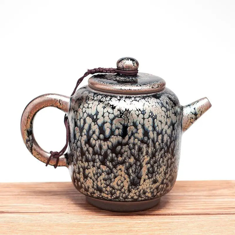 Glazed ceramic Tissue Teapot with crystalline glaze, handcrafted in Jianyang by Jian Zhan artisans