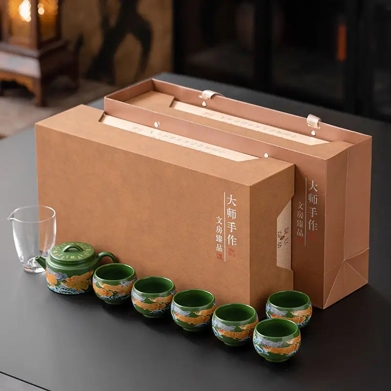 Green and gold Tranquil Fir Tea Set with Zisha clay Yixing Zisha boxes