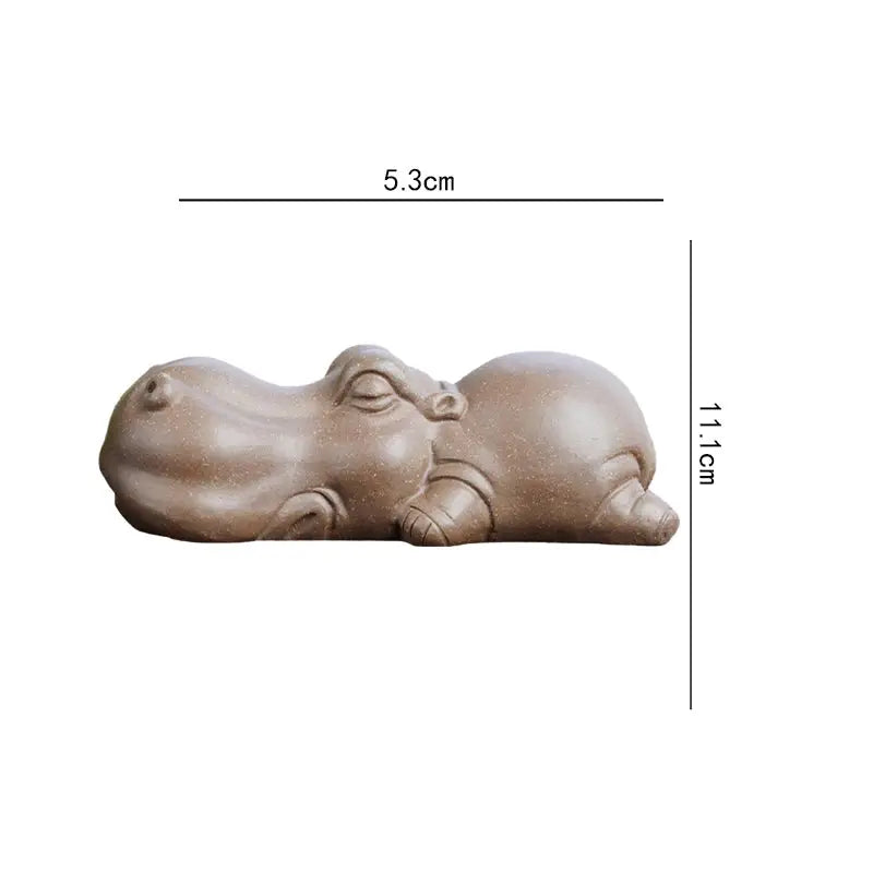 Sleeping hippopotamus figurine with dimensions from Tranquil Hippo Yixing earth element tea pet