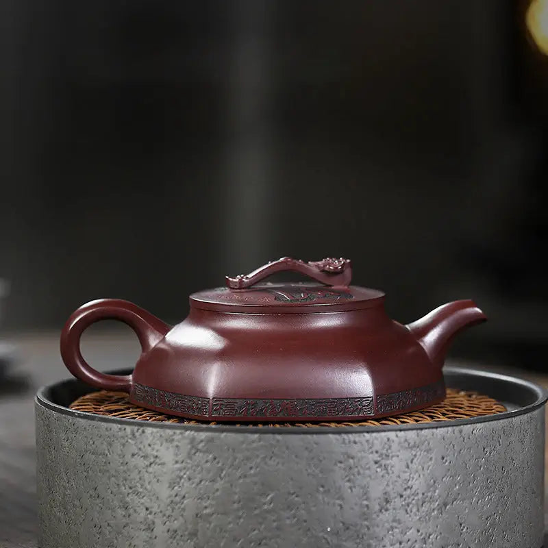 Maroon ceramic Yixing Zisha Teapot from Treasure Blessing with five gourds design