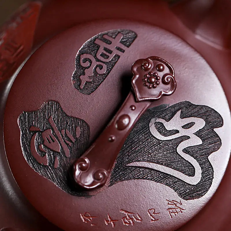 Engraved maroon ceramic lid with ornate handle for Treasure Blessing Yixing Zisha Teapot