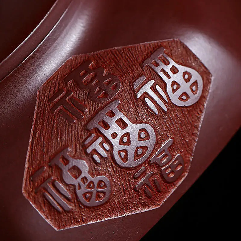Reddish-brown carved hexagonal plaque with treasure blessing design for Yixing Zisha Teapot and five gourds