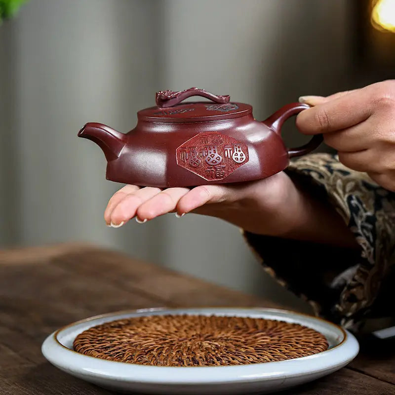 Maroon ceramic yixing zisha teapot with five gourds from Treasure Blessing collection