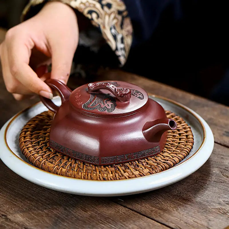 Maroon Yixing Zisha Teapot with Ornate Lid from Treasure Blessing featuring five gourds