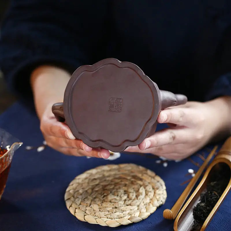 Brown ceramic teapot base with bark texture in Tree Trunk Yixing Zisha ginkgo leaves design